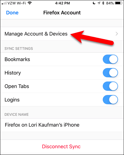 Tapnite Upravljanje računa in naprav v Firefoxu za iOS