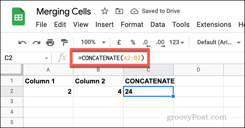 Primer preproste formule CONCATENATE v Google Preglednicah