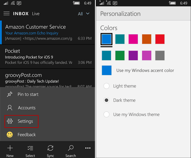 Aplikacija Outlook Mail and Calendar v temi Windows 10 Mobile Dobi temno temo