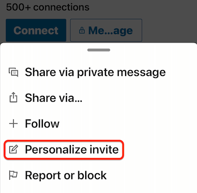 mobilni profil linkedin več... meni z označeno možnostjo »prilagodi povabilo«