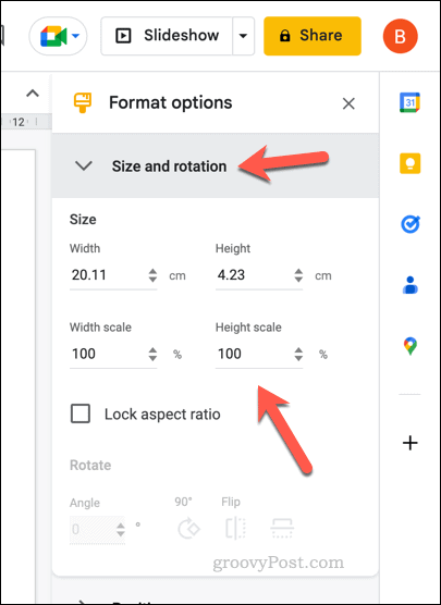 Možnosti velikosti za tabelo Google Diapozitivov