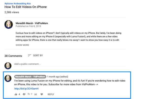 Kako uporabiti video serijo za rast vašega kanala v YouTubu, primer pripetega komentarja na YouTube video s povezavo Meredith Marsh