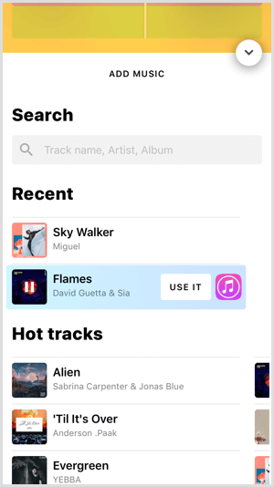 Tapnite Uporabi, če želite svojemu projektu Hype Type dodati glasbeno skladbo.