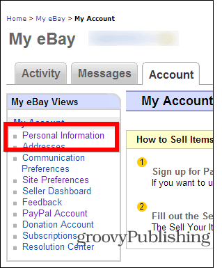 eBay spremenite nastavitve gesla osebnih podatkov