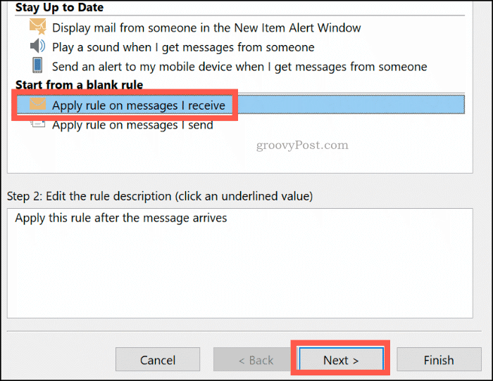 Ustvarjanje praznega pravila v Outlooku