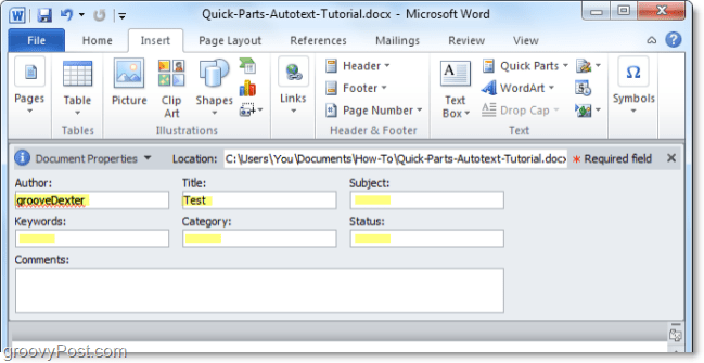 prilagodite lastnosti dokumenta na plošči dokumentov v Wordu 2010