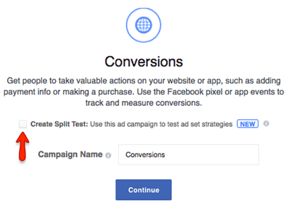 Potrdite polje, če želite ustvariti deljeni test za svojo Facebook kampanjo.