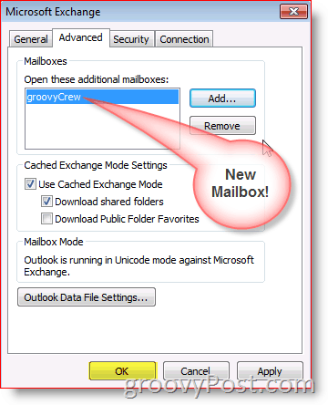 Screenshot programa Outlook 2010 dodaj zavihek Napredni zavihek nabiralnika