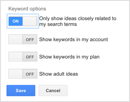 Možnosti ključnih besed za iskanje v Google AdWords načrtovalniku ključnih besed