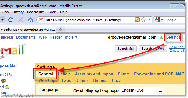 dostop do splošnih nastavitev gmaila