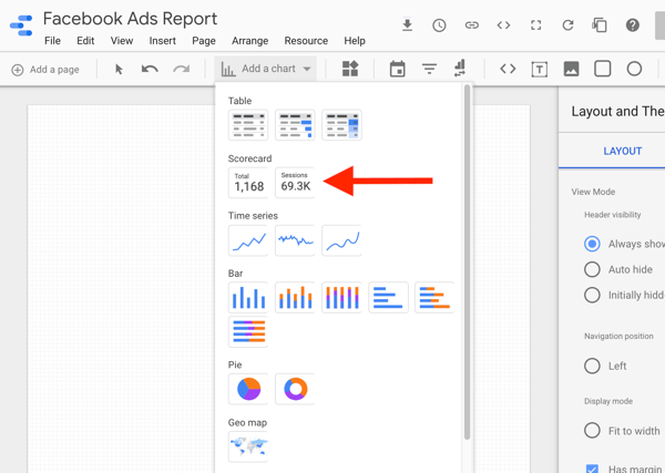 Uporabite Google Data Studio za analizo vaših oglasov na Facebooku, korak 8, možnost za izbiro tabele s kazalniki v Google Data Studio