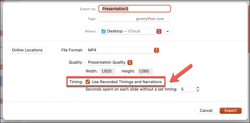 Uporaba posnetih časov za izvoženi video v PowerPointu na Macu