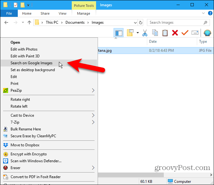 V File Explorerju izberite element v kontekstnem meniju Google Images