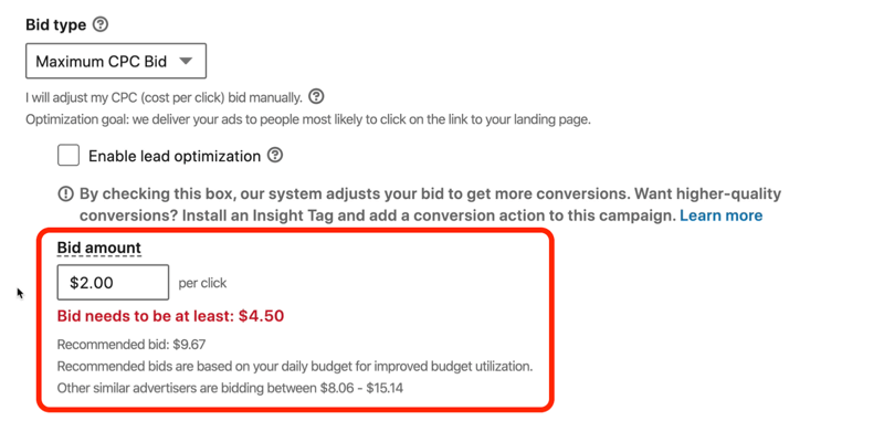posnetek zaslona sporočila v rdeči barvi z napisom »Ponudba za LinkedIn mora biti najmanj 4,50 USD«