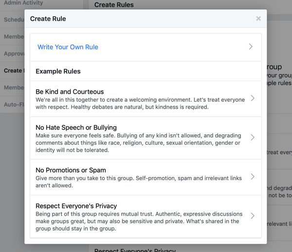 Kako izboljšati skupnost Facebook skupin, primer vnaprej napisanih pravil skupine Facebook