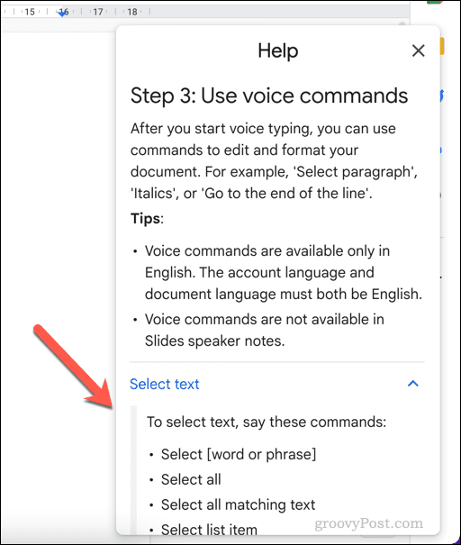 Meni pomoči za glasovno tipkanje v Google Dokumentih