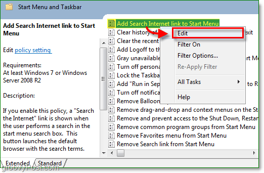kliknite povezavo za dodajanje iskanja za zagon menijev in nato v kontekstnem meniju Windows 7 z desno miškino tipko kliknite možnost urejanja