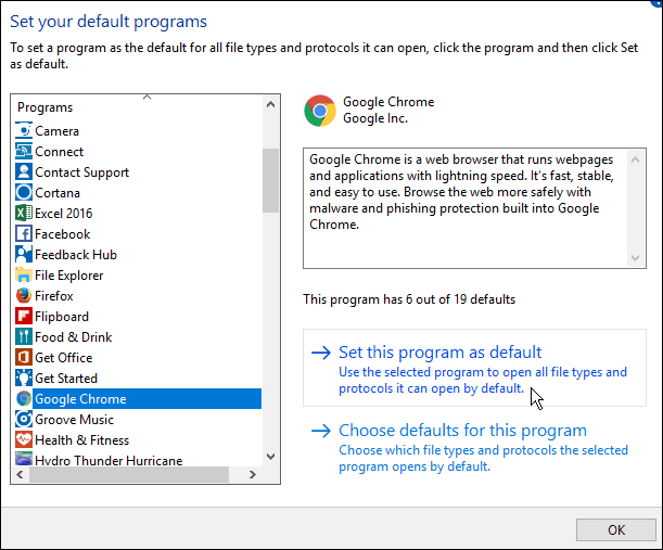 Změňte výchozí prohlížeč v aktualizaci Windows 10 Anniversary