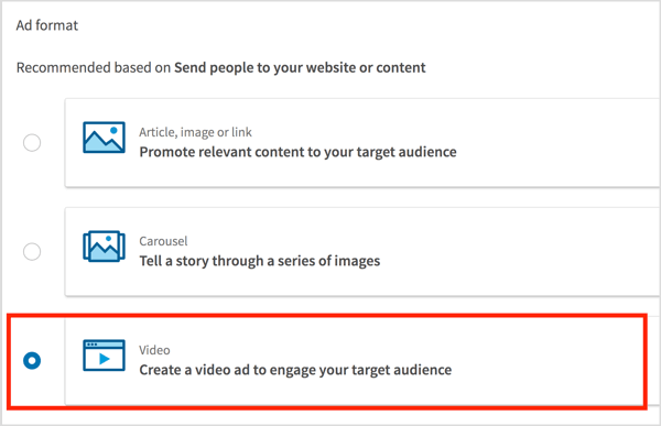 ALC Izberite Video kot obliko oglasa in kliknite Naprej.