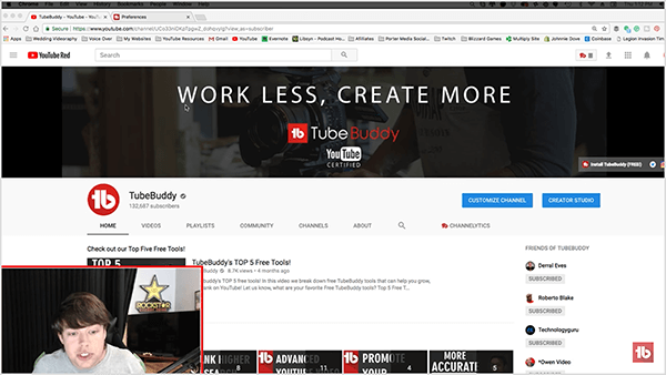 Dusty Porter preide na zaslon zaslona, ​​ki ga prikaže v spodnjem levem kotu in večjo sliko računalniškega zaslona, ​​ki prikazuje stran kanala TubeBuddy YouTube.