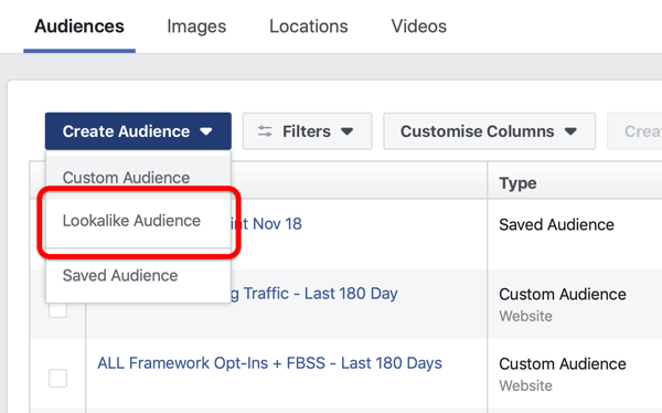 Možnost ustvarjanja Facebook Lookalike občinstva v razdelku Ustvari občinstvo v upravitelju oglasov Facebook.