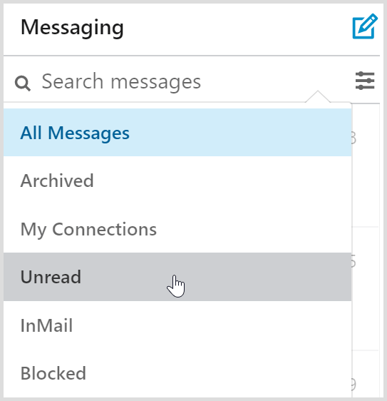 Filtri za nabiralnike za sporočila LinkedIn vključujejo filter za neprebrana sporočila.