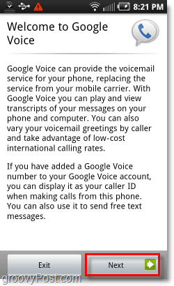 Google Voice na zaslonu dobrodošlice za mobilni telefon Android