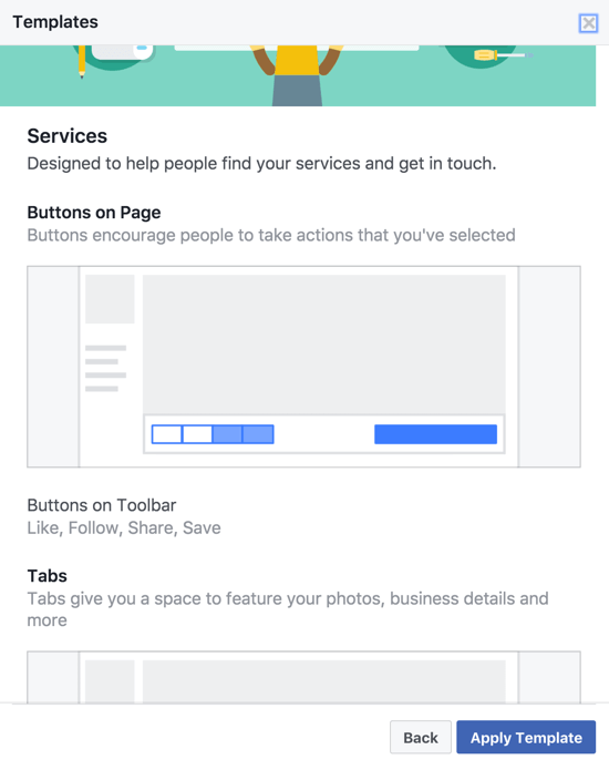Različne predloge strani Facebook imajo različne CTA-je, gumbe na orodni vrstici in zavihke, ki so posebej izbrani in organizirani za vrsto podjetja.