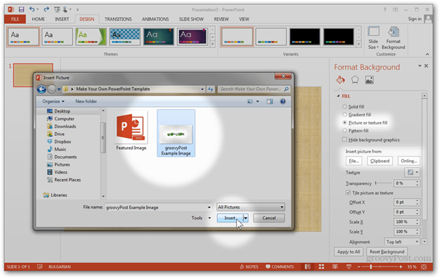 Predloga za Office 2013 Ustvari Naredite oblikovanje po meri POTX Prilagodite Navodila za diapozitive diapozitivov Kako slikati teksturo Izpolnite uvoz datoteke odložišča