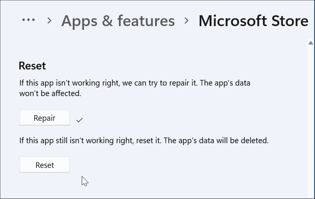 Aplikacija za ponastavitev ali popravilo microsoft store ne deluje v sistemu Windows 11