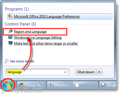 nadzorna plošča za regijo in jezik zagona v operacijskem sistemu Windows 7