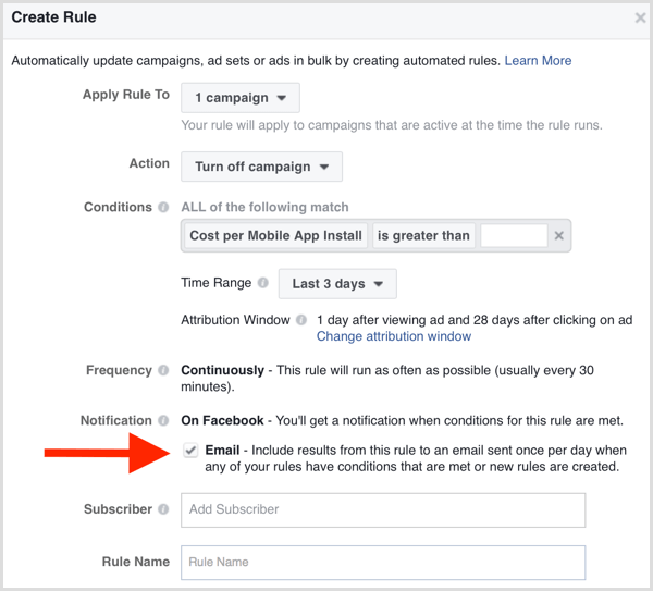 Facebook Ads Manager samodejno obvestilo o pravilih po e-pošti