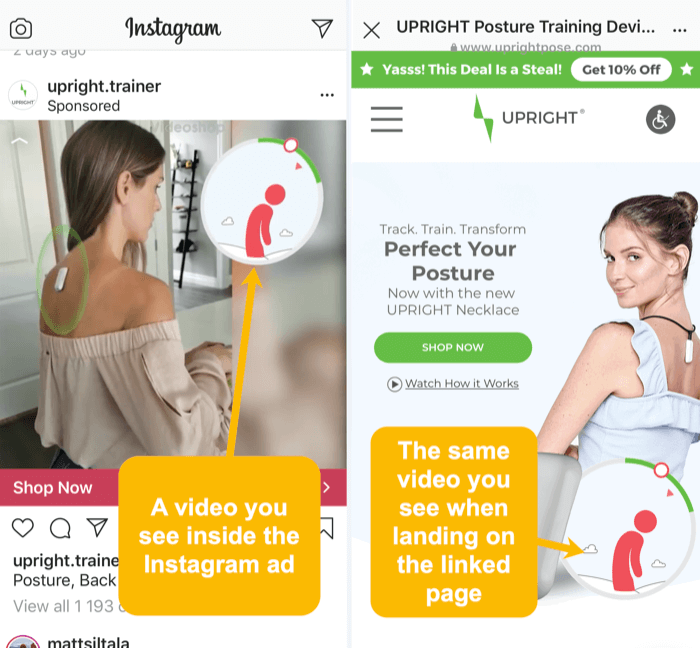 isti video in vizualni elementi v oglasu Instagram in povezani ciljni strani