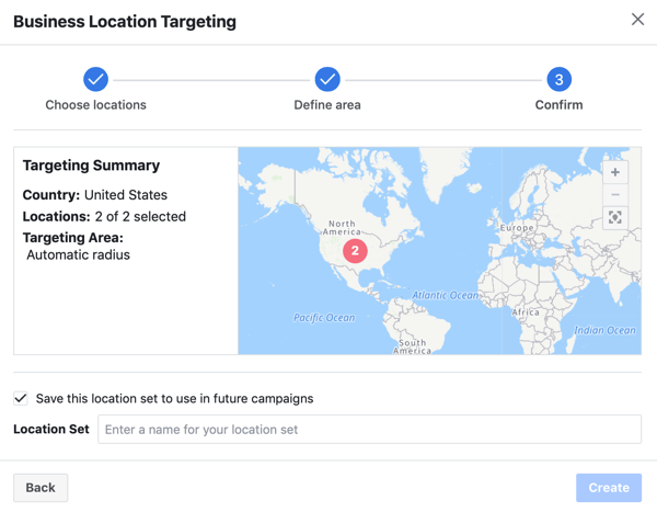 Potrdite ciljanje nabora lokacij za svoj facebook oglas.