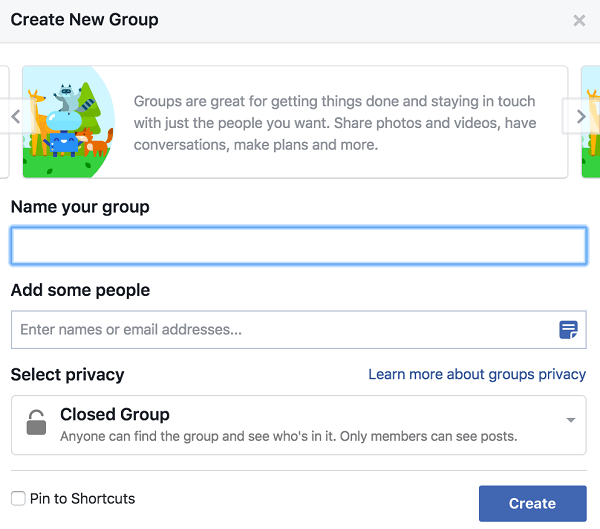 Dajte skupini ime, dodajte osebe in se odločite za nastavitev zasebnosti.