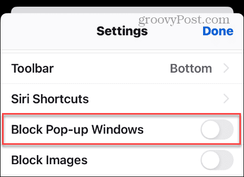 Možnost blokiranja pojavnih oken v nastavitvah Firefoxa za iPhone