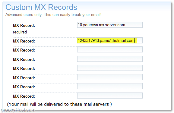 mimo podatkov o strežniku mx v živo v strežniku na strani z naprednimi možnostmi vaše domene za mx zapise po meri