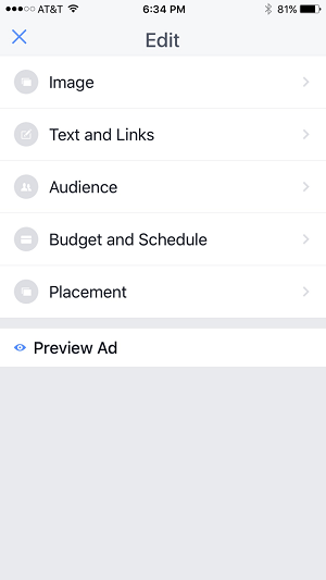 urejanje možnosti za oglaševalsko akcijo v aplikaciji facebook pages manager