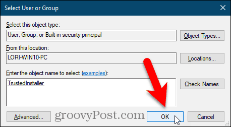 Zaprite pogovorno okno Izberi uporabnika ali skupine v urejevalniku registra sistema Windows