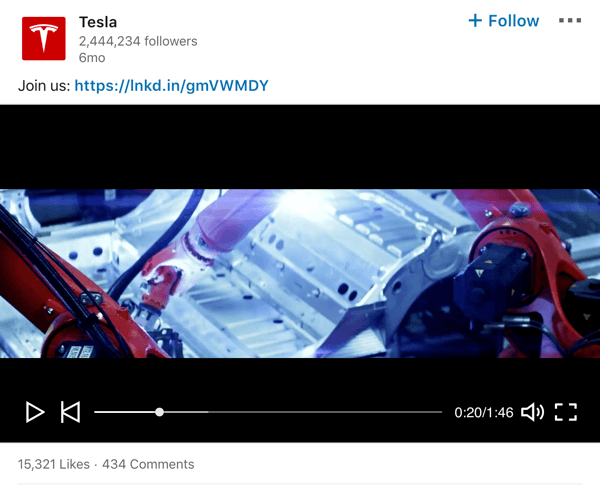 Primer objave videoposnetka na strani podjetja Tesla LinkedIn.
