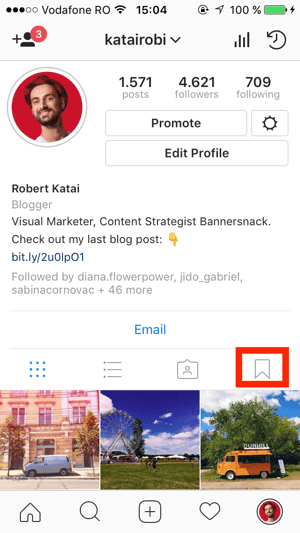 Če želite ustvariti zbirko, pojdite na svoj profil v Instagramu in tapnite ikono zaznamka.