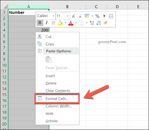 Možnost Excel Format Cells