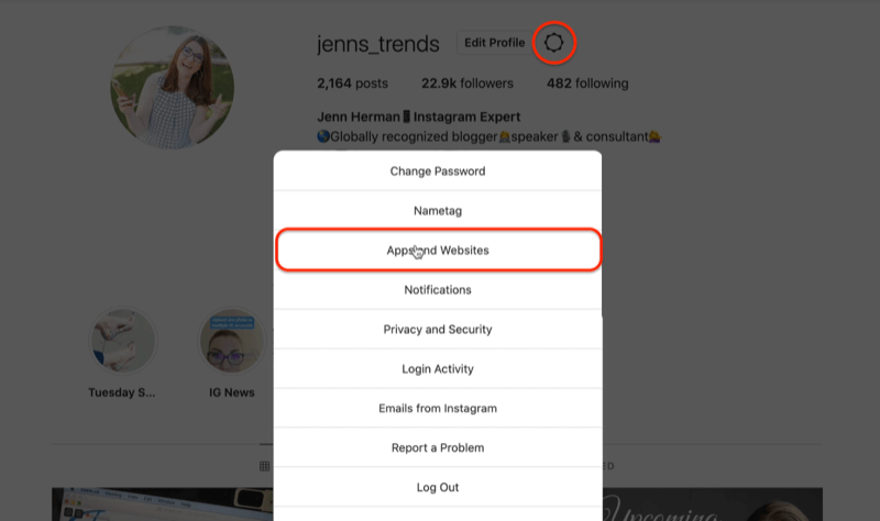 instagram profil ikona zobnika urejanje nastavitev možnosti menija, ki označuje možnost aplikacij in spletnih mest