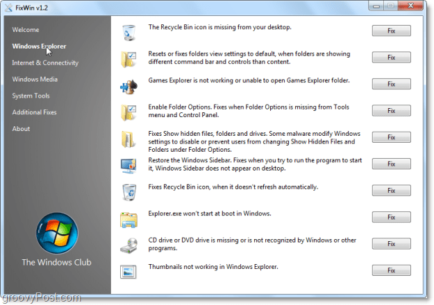 FixWin Windows Explorer popravi posnetek zaslona