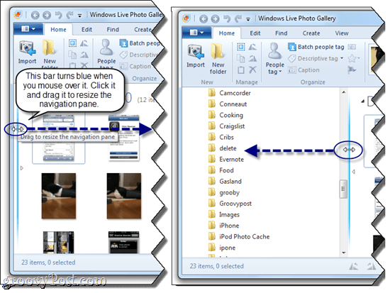 Spremeni velikost podokna za krmarjenje v Windows Live Photo Gallery