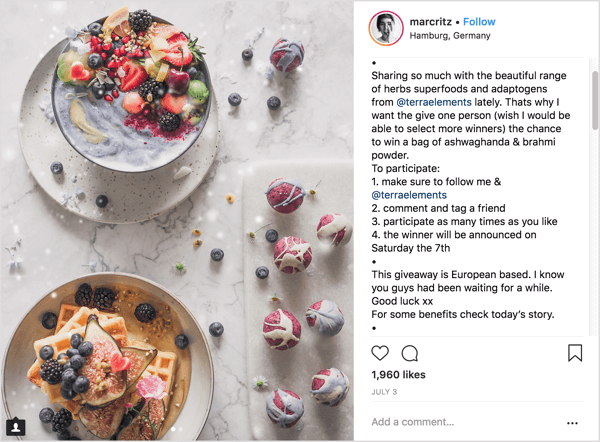 Primer objave marketinške kampanje Instagram influencer z darilom