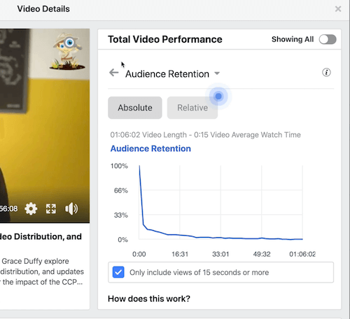 primer vpogledov v podatke o liju na facebooku v razdelku o celotni video zmogljivosti
