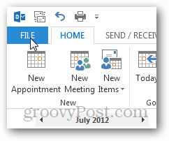 Outlook 2013 - Onemogočanje vremena v koledarju - Kliknite Datoteka