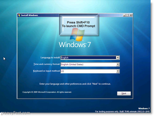 Namestitev sistema Windows 7 - zaženite poziv CMD z uporabo Shift + F10