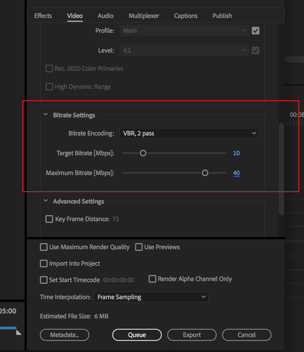 Nastavitev za spreminjanje bitne hitrosti pri izvozu video posnetkov Adobe Premier Pro.